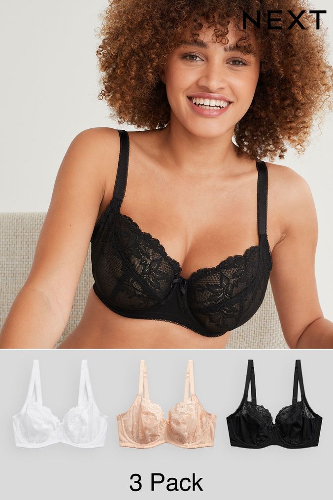 Black/White/Nude DD+ Non Pad Lace Balcony Bras 3 Pack (A08801) | £42