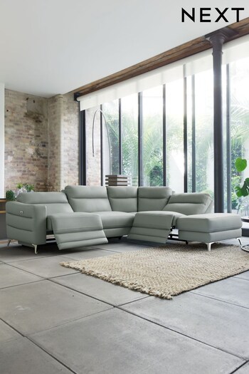 Napoli Leather Silver Grey Elijah Corner Chaise Power Recliner (A09565) | £2,525 - £3,199