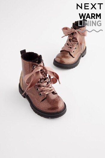 Rose Gold Pink Wide Fit (G) Warm Lined Lace-Up Boots (A09654) | £26 - £30