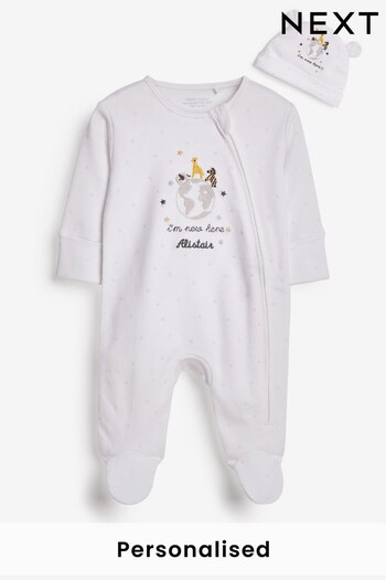 Personalised Baby White I'm New Here Sleepsuit And Hat (A11361) | £14