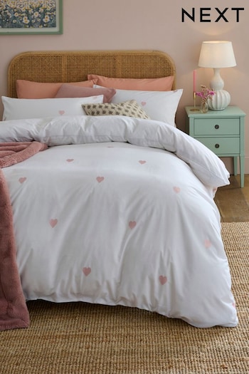 White With Pink Hearts Embroidered Duvet Cover and Pillowcase Set (A13753) | £40 - £70