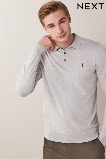 Grey with Stag Embroidery Regular Knitted Polo Shirt (A16231) | £28