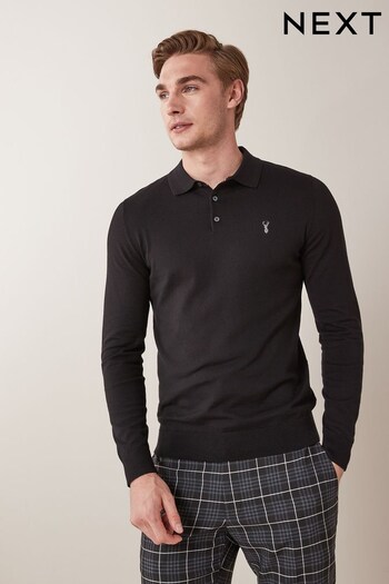Black with Stag Embroidery Knitted Polo Shirt (A16236) | £11