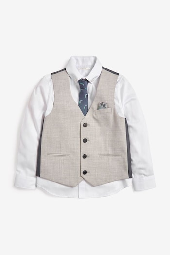 Grey Waistcoat, White Shirt & Tie Set Waistcoat (12mths-16yrs) (A18314) | £30 - £39