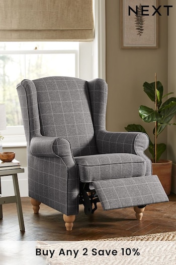 Tweedy Check Lawson Mid Grey Manual Recliner Sherlock Highback Armchair (A19429) | £675