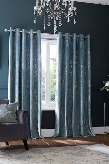 Laura Ashley Pale SeaPrinted Blue Josette Metallic Lined  Eyelet Curtains (A24161) | £105 - £190