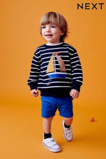 Navy/Camel Crew Neck Boat Sweatshirt and Shorts line Set (3mths-7yrs) (A29162) | £16 - £20