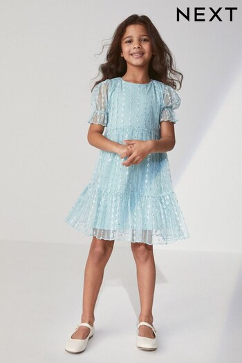 Mint Green Sparkle Mesh Short Sleeve Tiered Party Dress (3-16yrs) (A32582) | £24 - £30
