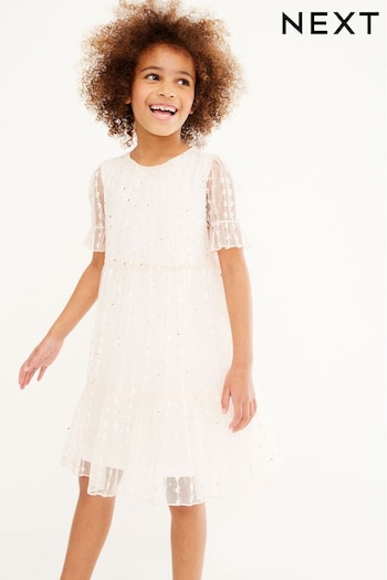 Ivory White Sparkle Mesh Short Sleeve Tiered Party Dress (3-16yrs) (A32583) | £24 - £30