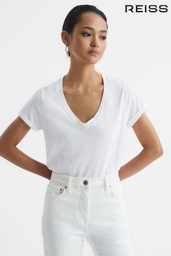 Reiss White Luana Cotton Jersey V-Neck T-Shirt (A34571) | £35