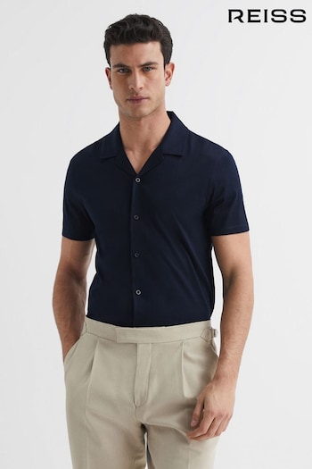 Reiss Navy Caspa Mercerised Cotton Jersey Cuban Collar Shirt (A34576) | £68