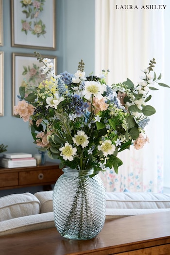 Laura Ashley Blue Artificial Pastel Floral Mix In Glass Textured Vase (A35774) | £160