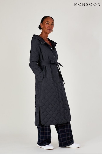Monsoon Grey Quinn Quilted Hooded Longline Coat in Recycled Polyester (A35976) | £110