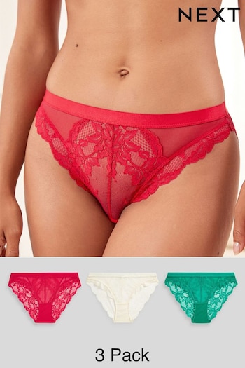 Red/Green/Cream High Leg Lace Knickers 3 Pack (A36632) | £26