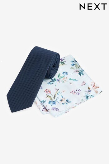 Navy Blue Floral Slim Tie And Pocket Square Set (A37654) | £16