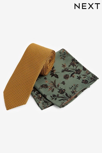 Yellow Gold/Green Floral Slim Tie And Pocket Square Set (A37687) | £16