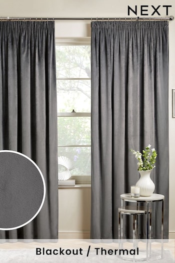 Charcoal Grey Matte Velvet Blackout Thermal Pencil Pleat Curtains (A37728) | £50 - £150