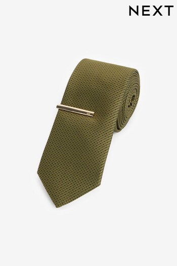 Olive Green Slim Textured Tie And Clip (A37739) | £14