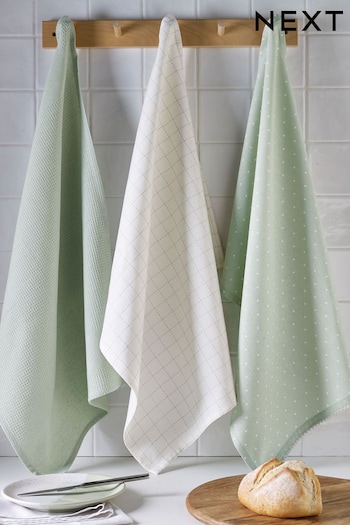 Set of 3 Sage Green Polka Dot Elsie Tea Towels (A38239) | £14