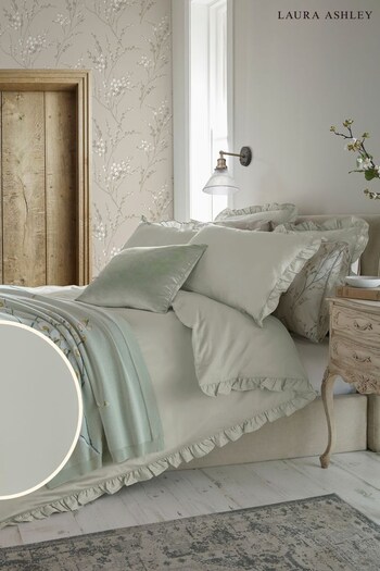 Laura Ashley Pale Dove Grey Ruffle luxurious 400 thread count 100% cotton sateen Duvet Cover and Pillowcase Set (A40210) | £75 - £140