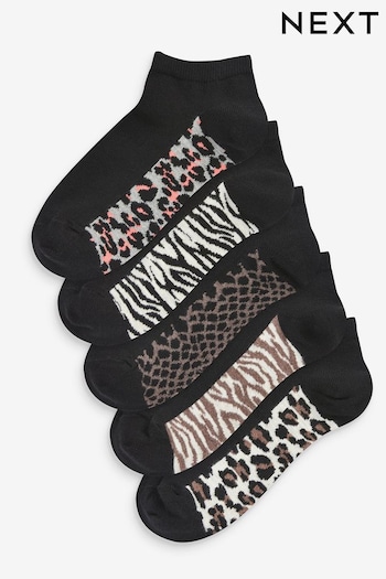 Black Animal Print Footbed Trainer Socks 5 Pack (A40341) | £10