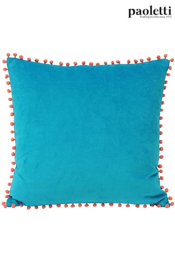 Riva Paoletti Teal Blue/Coral Pink Velvet Pom Pom Polyester Filled Cushion (A40576) | £19