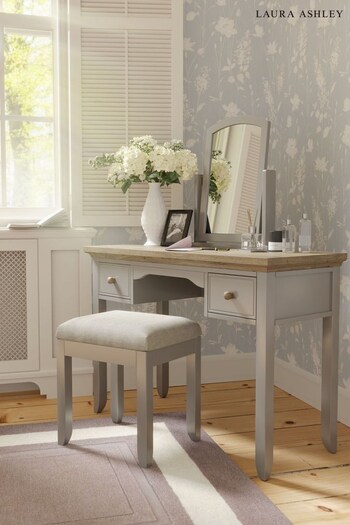 Laura Ashley Pale French Grey Oakham Two Drawer Dressing Table Stool And Mirror Set (A40727) | £695