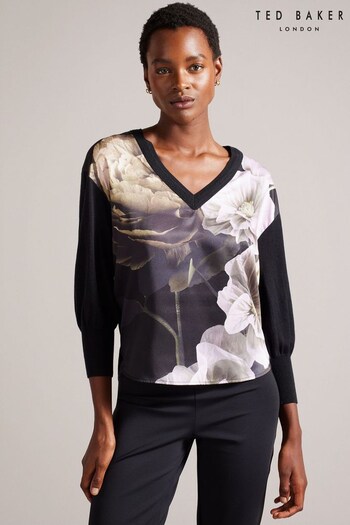 Ted Baker Hanalyy V-Neck Printed Woven Front Black Sweater (A43502) | £110