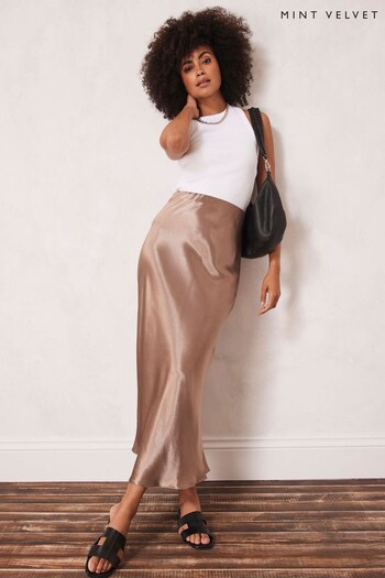 Mint Velvet Brown Maxi Satin Slip Skirt (A43522) | £89