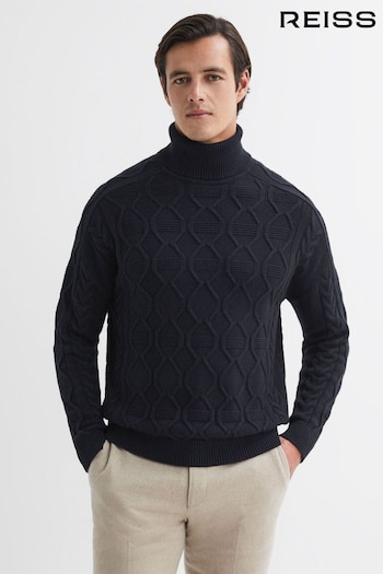 Reiss Navy Alston Cable Knitted Roll Neck Jumper (A43540) | £138