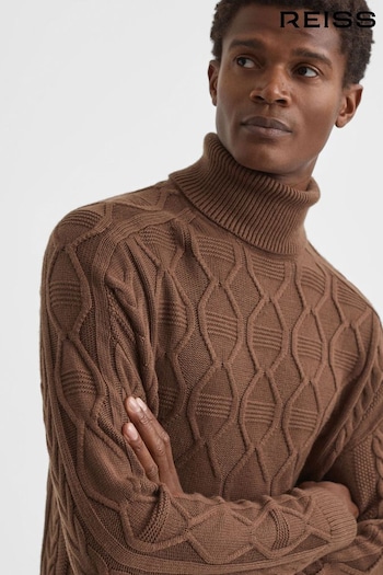 Reiss Tobacco Alston Cable Knitted Roll Neck Jumper (A43541) | £138
