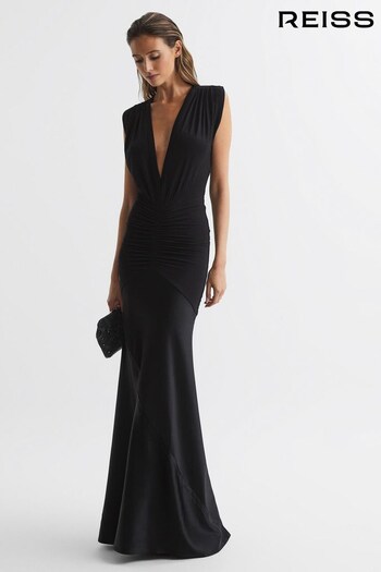 Reiss Black Noa Plunge Neck Sleeveless Maxi Dress (A43545) | £228