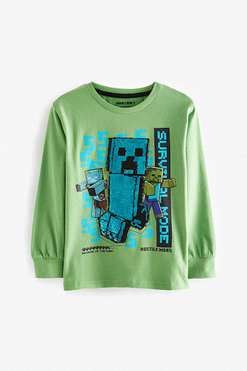Green Minecraft Creeper Long Sleeve Flippy Sequin License T-Shirt (3-16yrs) (A43712) | £15 - £20