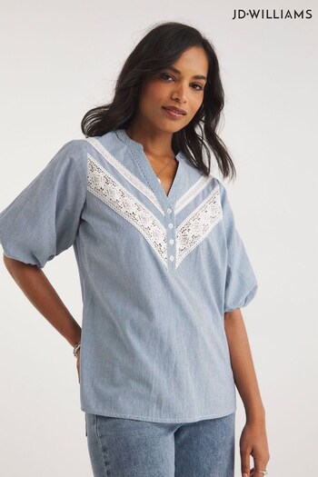 JD Williams Blue Stripe Button Front Lace Insert Top (A43724) | £28