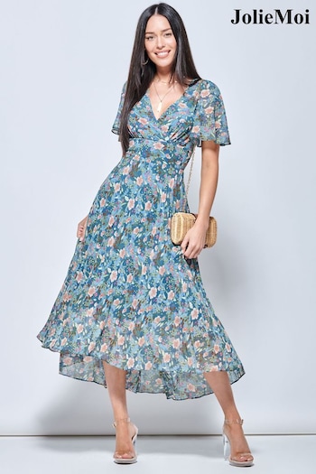 Jolie Moi Blue Pleated Chiffon High Low Maxi Dress (A43833) | £79
