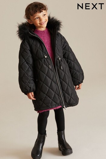 Black Faux Fur Hooded Quilted Padded Coat (3-16yrs) (A49929) | £38 - £48