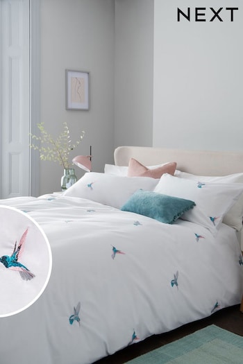 White With Hummingbird Embroidered Duvet Cover and Pillowcase Set (A50812) | £40 - £70