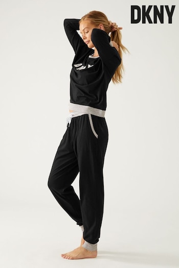 DKNY Black Signature Cotton Logo Top And Joggers Pyjama Set (A50964) | £79