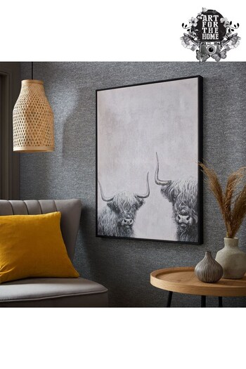 Art For The Home Grey Highland Cows Black Box Framed Canvas (A52149) | £100