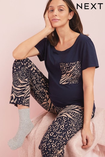 Navy Blue Animal Maternity Cotton Pyjamas (A53846) | £20