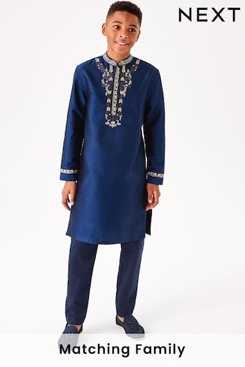 Navy Blue & Gold Regular Length Embroidered Boys Kurta (3-16yrs) (A54917) | £21 - £27