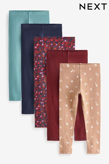 Navy Blue/Neutral/Red Ditsy Floral Print Leggings 5 Pack (3-16yrs) (A57118) | £24 - £32