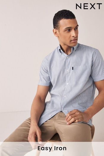 Blue Stripe Regular Fit Short Sleeve Easy Iron Button Down Oxford Shirt (A57882) | £20