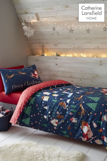 Catherine Lansfield Blue Santa's Christmas Wonderland Duvet Cover and Pillowcase Set (A58937) | £20 - £30