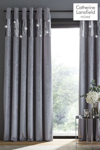 Catherine Lansfield Grey Crushed Velvet Glamour Sequin Curtains (A59521) | £30 - £80