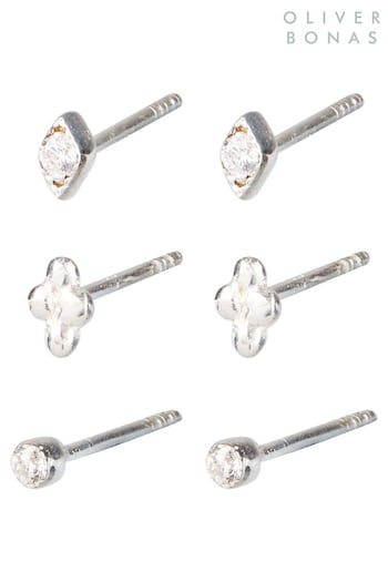 Oliver Bonas Silver Carlotta Mini Shape Silver Stud Earrings Set of Three (A59837) | £29.50