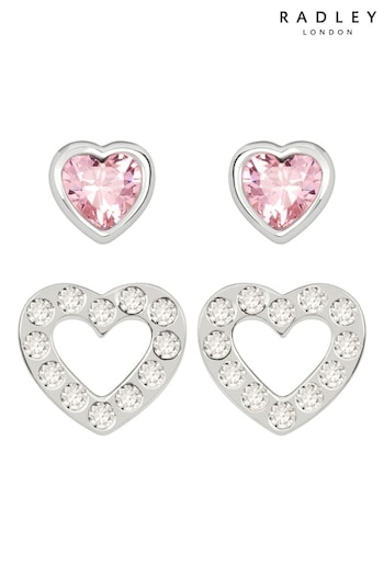 Radley Sterling Silver Pink and Clear Glass Stone Heart Shaped Stud Earrings (A60063) | £35