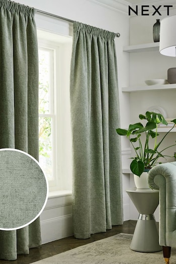 Sage Green Heavyweight Chenille Pencil Pleat Lined Curtains (A60153) | £60 - £155
