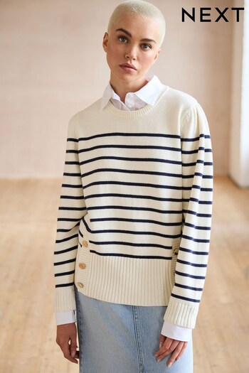 Ecru White and Navy Gold Button Stripe Shirt Layer Jumper (A61418) | £42