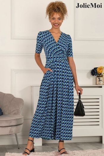 Jolie Moi Blue Georgia Geometric Jersey Maxi Dress (A61419) | £85